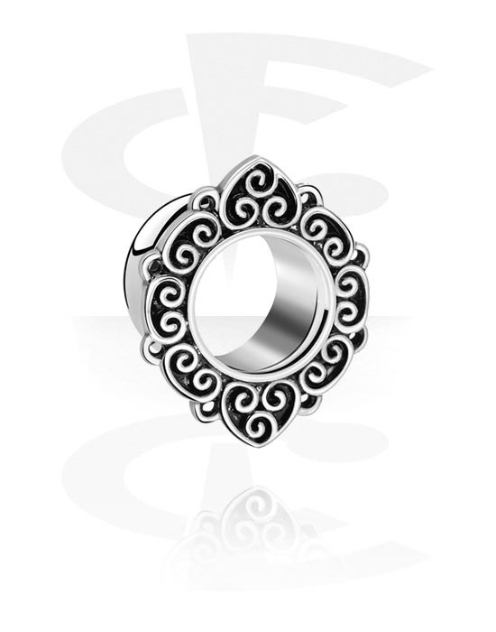 Tunnels & Plugs, Double flared tunnel (chirurgisch staal, zilver, glanzende afwerking) met ornament, Chirurgisch staal 316L