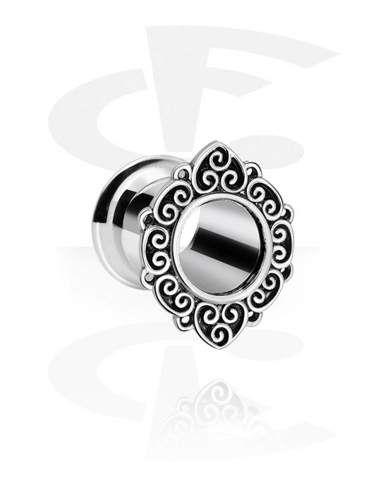 Tunnels & Plugs, Double flared tunnel (surgical steel, silver, shiny finish) with ornament, Surgical Steel 316L