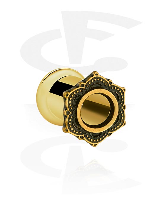 Tunnels & Plugs, Double flared tunnel (chirurgisch staal, goud, glanzende afwerking) met vintage bloemmotief, Verguld chirurgisch staal 316L, Vergulde messing