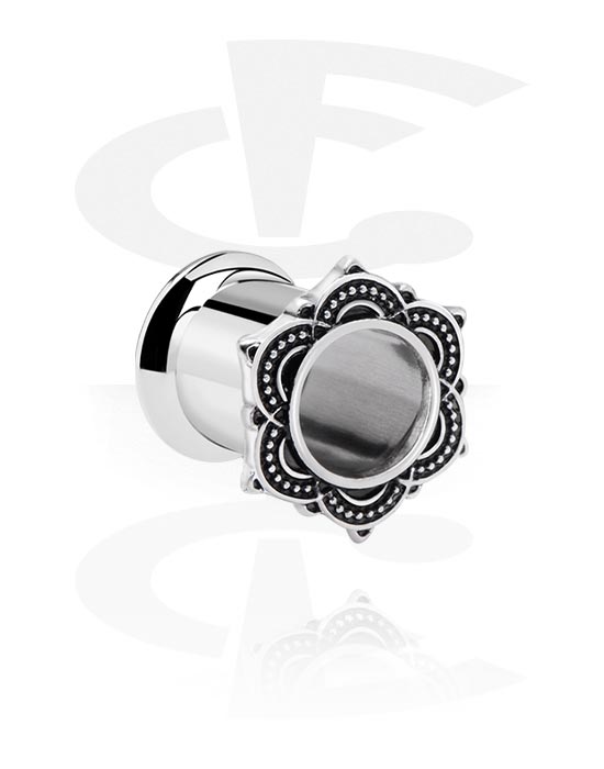 Tunnels & Plugs, Double flared tunnel (surgical steel, silver, shiny finish) with vintage flower design, Surgical Steel 316L, Plated Brass