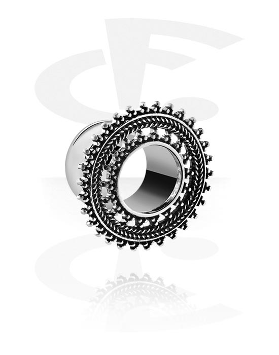 Tunnels & Plugs, Double flared tunnel (surgical steel, silver, shiny finish) with vintage design, Surgical Steel 316L