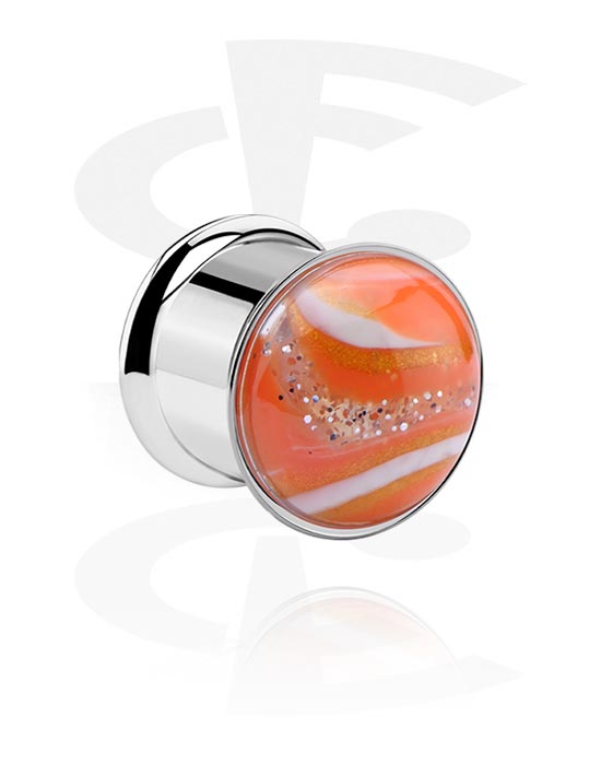 Tunnels & Plugs, Double flared tunnel (surgical steel, silver, shiny finish) with orange dome with glitter, Surgical Steel 316L