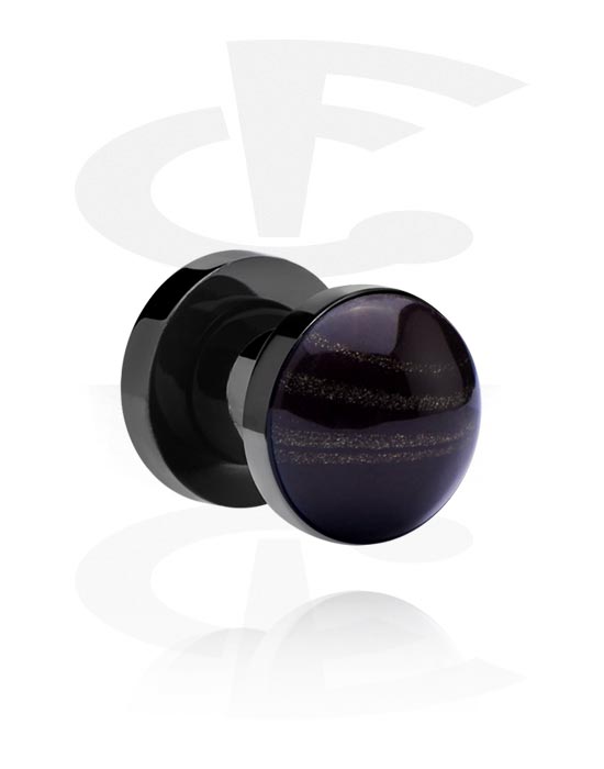 Tunnels & Plugs, Screw-on tunnel (surgical steel, black, shiny finish) with stripe design, Surgical Steel 316L