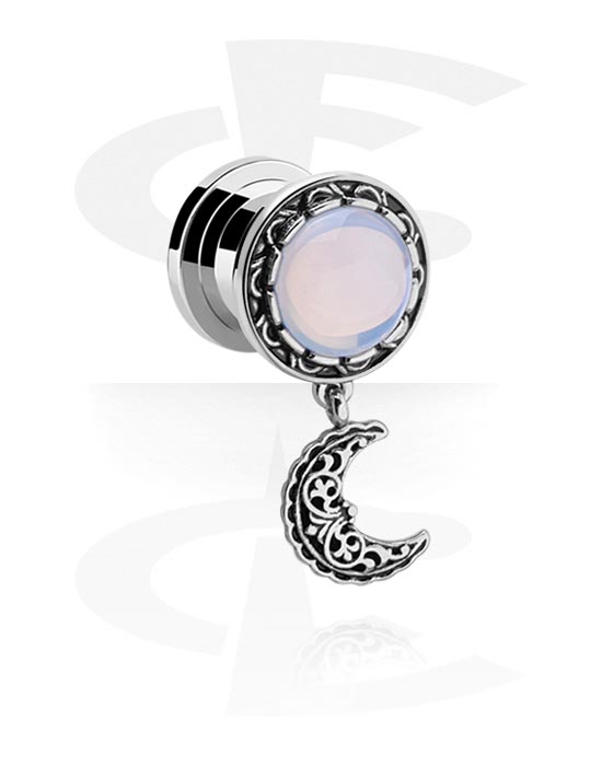 Tunnels & Plugs, Screw-on tunnel (surgical steel, silver, shiny finish) with vintage moon design, Surgical Steel 316L