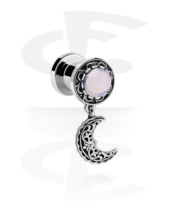 Tunnels & Plugs, Screw-on tunnel (surgical steel, silver, shiny finish) with vintage moon design, Surgical Steel 316L