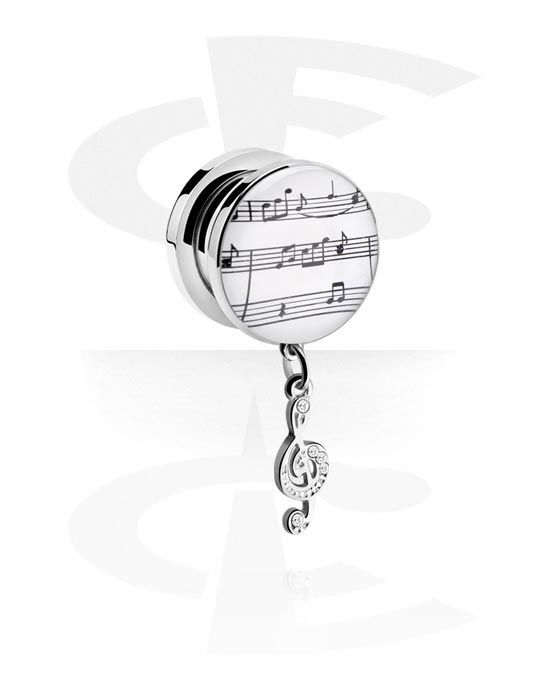 Tunnels & Plugs, Screw-on tunnel (surgical steel, silver, shiny finish) with note design and clef pendant, Surgical Steel 316L