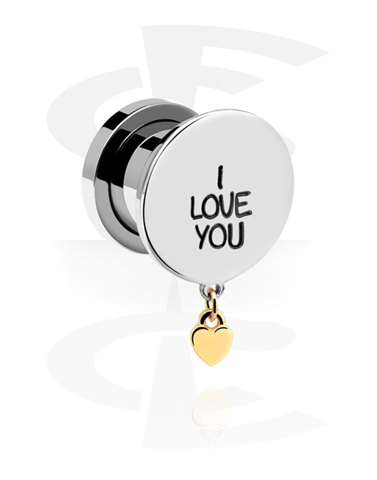 Tunnels & Plugs, Screw-on tunnel (surgical steel, silver, shiny finish) with "I love you" engraving and heart charm, Surgical Steel 316L