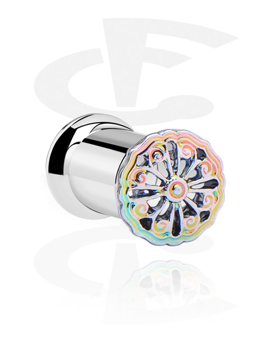 Tunnels & Plugs, Double flared tunnel (surgical steel, silver, shiny finish) with flower attachment, Surgical Steel 316L