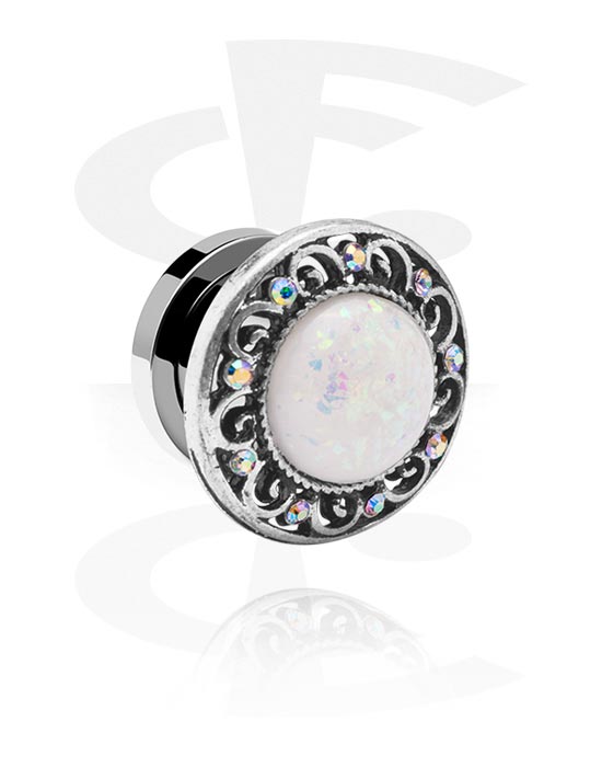 Tunnels & Plugs, Screw-on tunnel (surgical steel, silver, shiny finish) with vintage design and glitter, Surgical Steel 316L