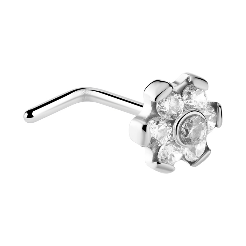Piercing nez en L (titane, argent, finition brillante) avec accessoire fleur et pierres en cristal Titane ASTM F136 Piercings nez & Septums