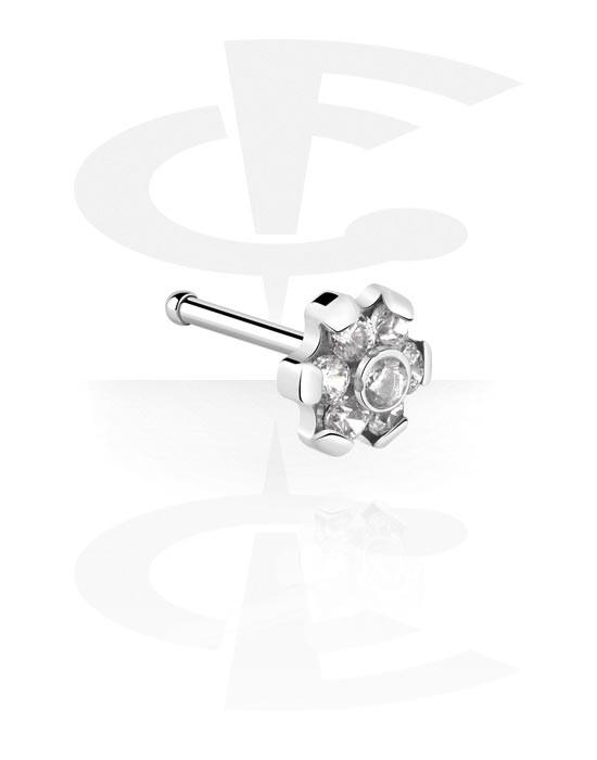 Nose Jewelry & Septums, Straight nose stud (titanium, shiny finish) with flower attachment and crystal stones, Titanium