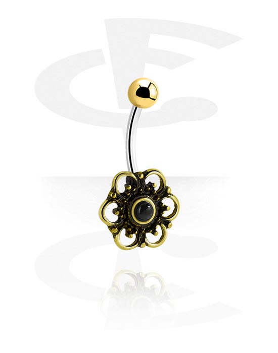 Zahnuté činky, Krúžok do pupku (chirurgická oceľ, zlatá, lesklý povrch) s dizajnom kvetina, Chirurgická oceľ 316L