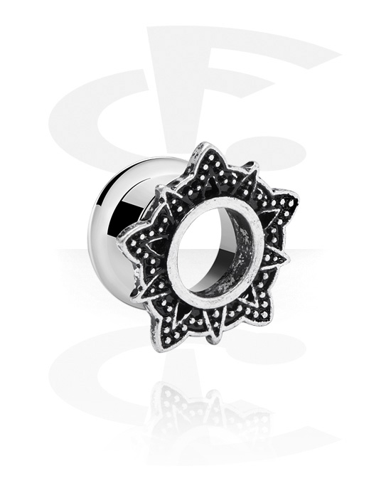 Tunnels & Plugs, Double flared tunnel (surgical steel, silver, shiny finish) with vintage flower design, Surgical Steel 316L