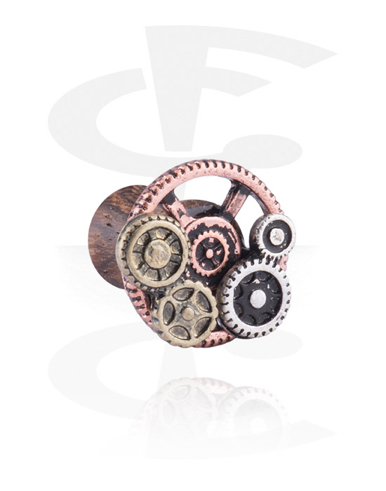 Tunnels & Plugs, Double Flared Plug with Clockwork Design, Wood