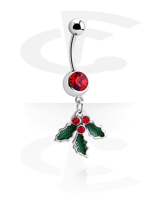 Curved Barbells, Belly button ring (surgical steel, silver, shiny finish) with mistletoe design and crystal stones, Surgical Steel 316L