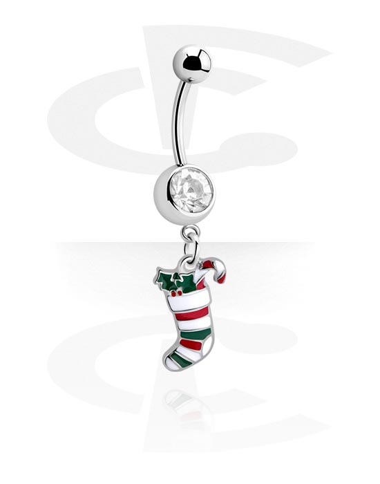 Curved Barbells, Belly button ring (surgical steel, silver, shiny finish) with Christmas stocking and crystal stone, Surgical Steel 316L