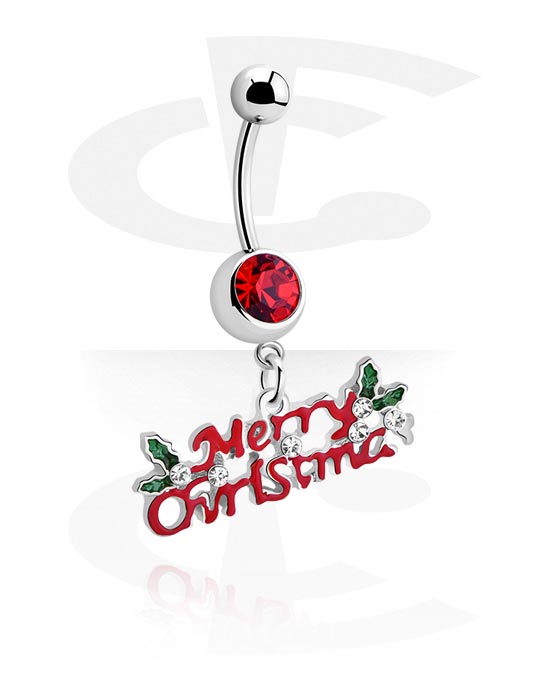 Curved Barbells, Belly button ring (surgical steel, silver, shiny finish) with "Merry Christmas" lettering and crystal stone, Surgical Steel 316L