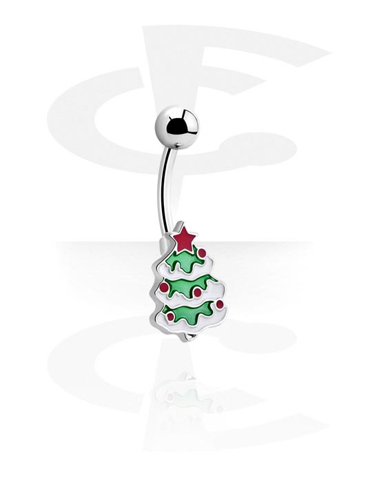 Zahnuté činky, Krúžok do pupku (chirurgická oceľ, strieborná, lesklý povrch) s dizajnom vianočný stromček a kryštálové kamene, Chirurgická oceľ 316L