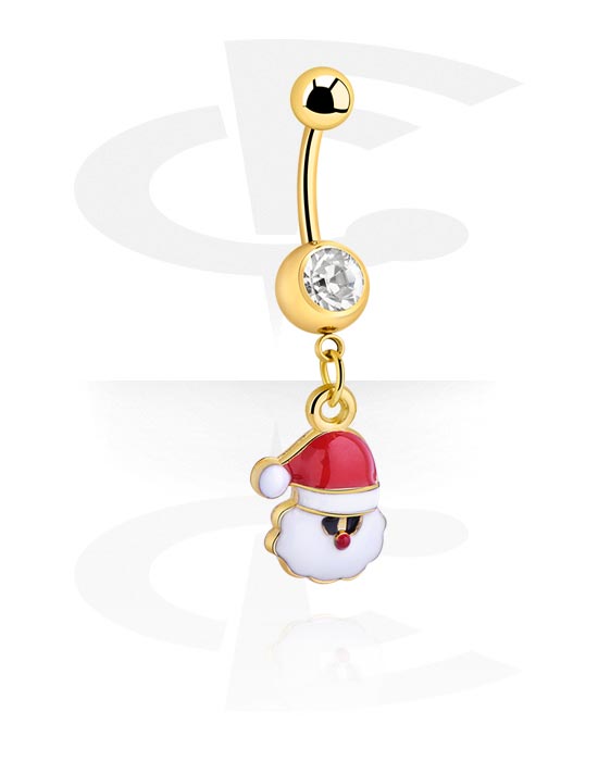 Curved Barbells, Belly button ring (surgical steel, gold, shiny finish) with Santa Claus design and crystal stone, Gold Plated Surgical Steel 316L