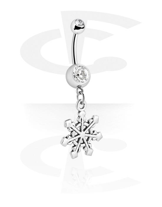 Curved Barbells, Belly button ring (surgical steel, silver, shiny finish) with snowflake charm and crystal stone, Surgical Steel 316L