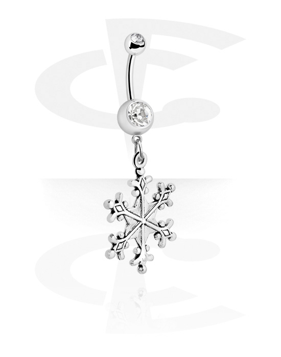 Curved Barbells, Belly button ring (surgical steel, silver, shiny finish) with snowflake design in various colors and crystal stone, Surgical Steel 316L