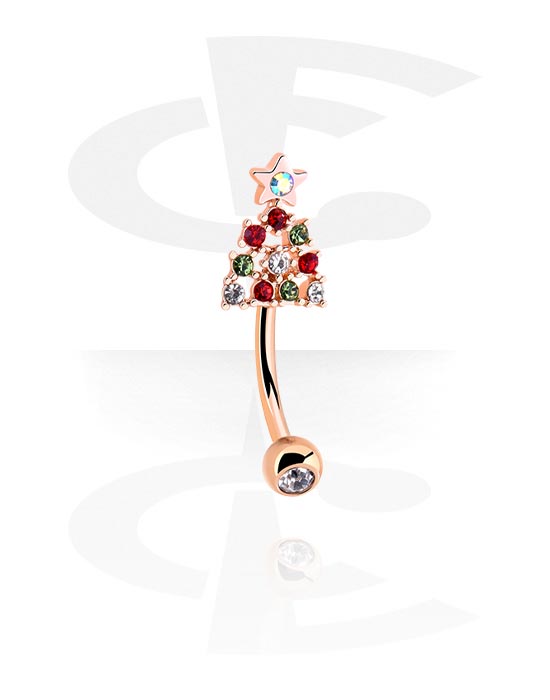Curved Barbells, Belly button ring (surgical steel, gold, shiny finish) with Christmas tree design and crystal stones, Rose Gold Plated Surgical Steel 316L