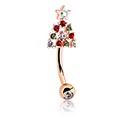 Curved Barbells, Belly button ring (surgical steel, gold, shiny finish) with Christmas tree design and crystal stones, Rose Gold Plated Surgical Steel 316L