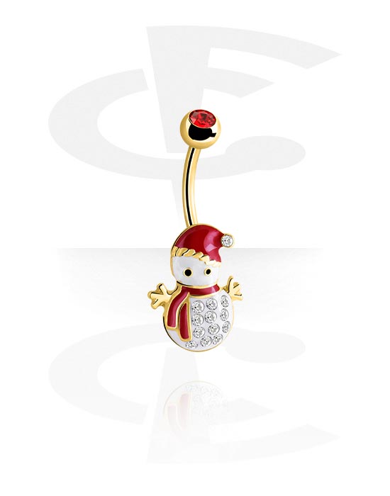 Curved Barbells, Belly button ring (surgical steel, anodised) with snowman design and crystal stones, Gold Plated Surgical Steel 316L