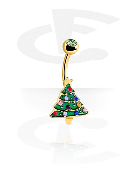 Zahnuté činky, Krúžok do pupku (chirurgická oceľ, zlatá, lesklý povrch) s dizajnom vianočný stromček a kryštálové kamene, Pozlátená chirurgická oceľ 316L