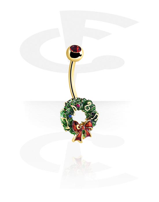 Curved Barbells, Belly button ring (surgical steel, gold, shiny finish) with Christmas design, Gold Plated Surgical Steel 316L