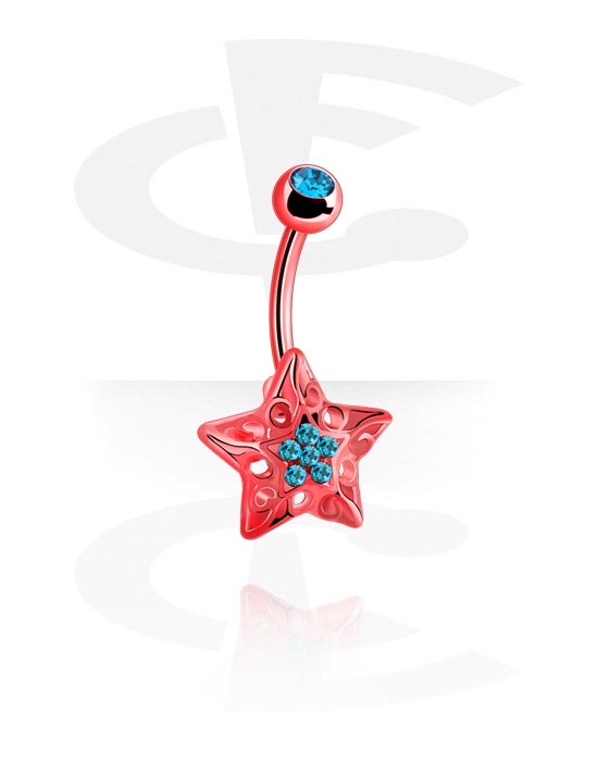 Curved Barbells, Belly button ring (surgical steel, anodised) with star design and crystal stones, Surgical Steel 316L