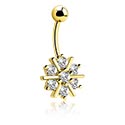 Curved Barbells, Belly button ring (surgical steel, gold, shiny finish) with snowflake design and crystal stones, Gold Plated Surgical Steel 316L