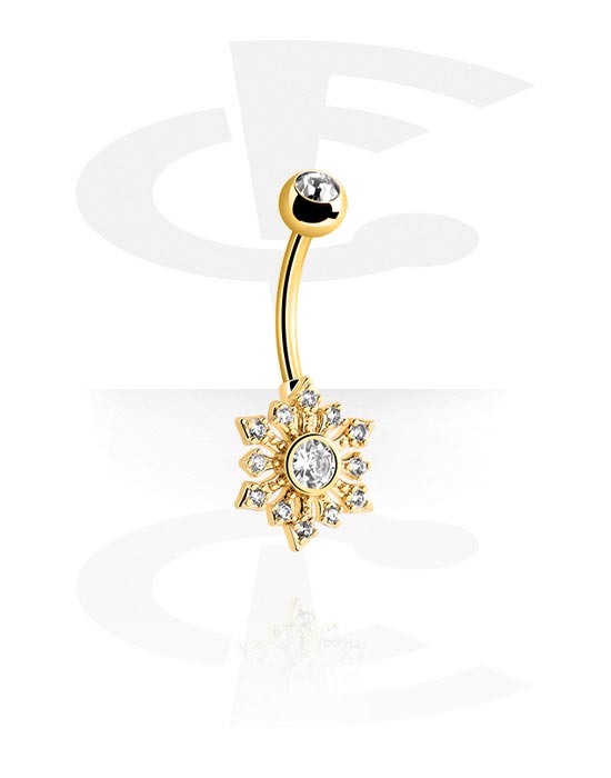 Curved Barbells, Belly button ring (surgical steel, gold, shiny finish) with snowflake design and crystal stones, Gold Plated Surgical Steel 316L