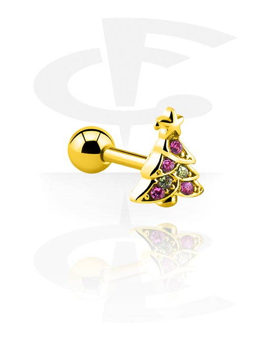 Helix & Tragus, Tragus Piercing with winter Christmas tree design, Gold Plated Surgical Steel 316L