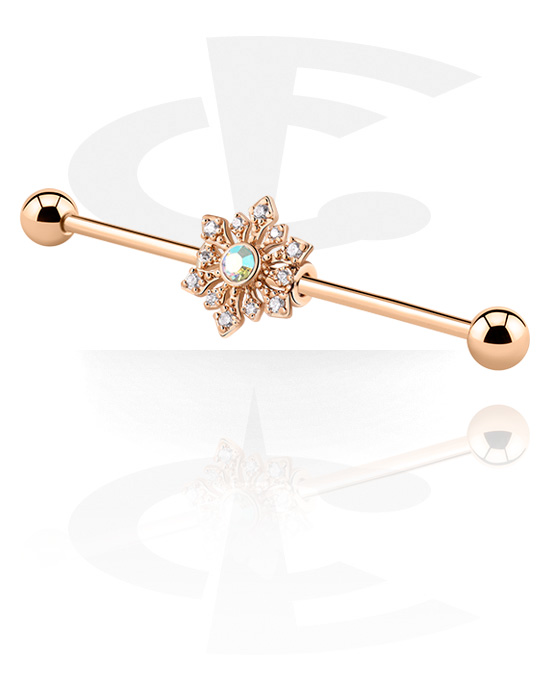Barbells, Industrial Barbell with crystal stones, Rose Gold Plated Surgical Steel 316L, Rose Gold Plated Brass