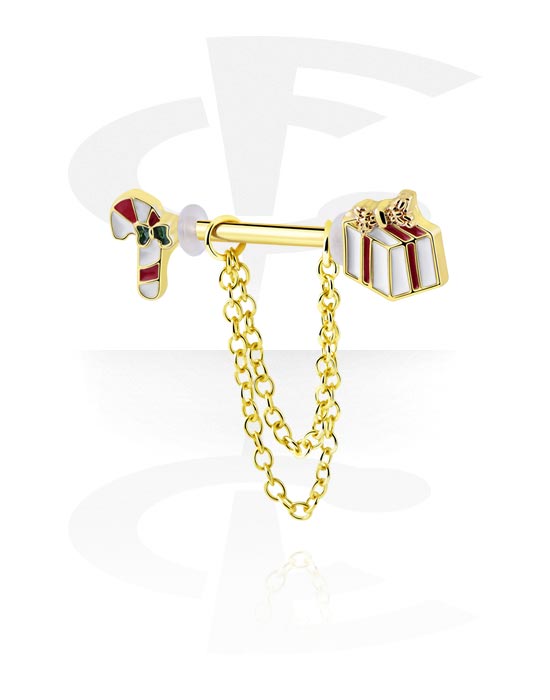 Nipple Piercings, Nipple Barbell with Christmas design and chain, Gold Plated Surgical Steel 316L
