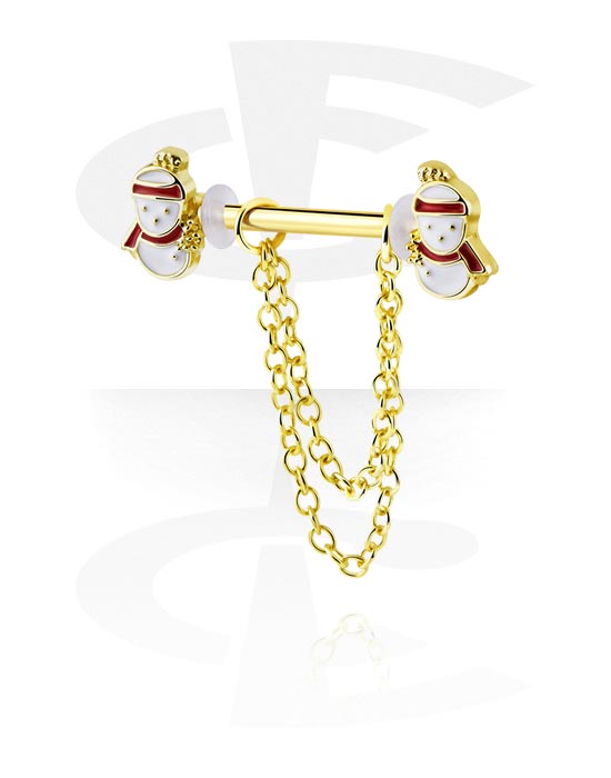 Nipple Piercings, Nipple Barbell with Christmas design and chain, Gold Plated Surgical Steel 316L