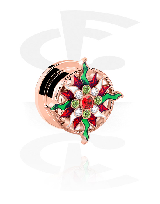 Tunnels & Plugs, Screw-on tunnel (surgical steel, rose gold, shiny finish) with winter rose design and crystal stones, Rose Gold Plated Surgical Steel 316L