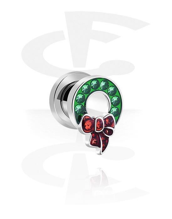 Tunnels & Plugs, Screw-on tunnel (surgical steel, silver, shiny finish) with Christmas wreath and crystal stones, Surgical Steel 316L