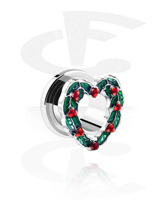 Tunnels & Plugs, Screw-on tunnel (surgical steel, silver, shiny finish) with heart-shaped Christmas wreath, Surgical Steel 316L