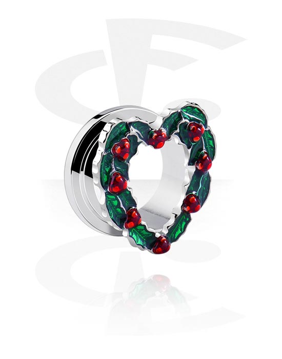 Tunnels & Plugs, Screw-on tunnel (surgical steel, silver, shiny finish) with heart-shaped Christmas wreath, Surgical Steel 316L