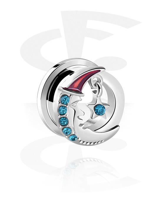 Tunnels & Plugs, Screw-on tunnel (surgical steel, silver, shiny finish) with moon design and crystal stones, Surgical Steel 316L