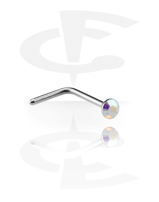 Nose Jewellery & Septums, L-shaped nose stud (surgical steel, silver, shiny finish) with crystal stone, Surgical Steel 316L