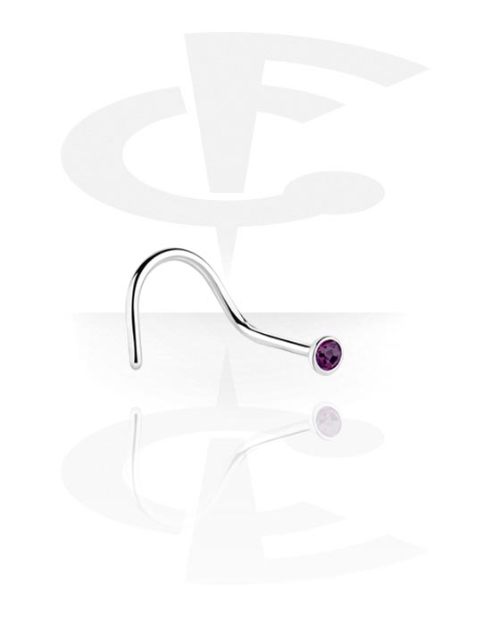 Nose Jewelry & Septums, Curved nose stud (surgical steel, silver, shiny finish) with crystal stone, Surgical Steel 316L