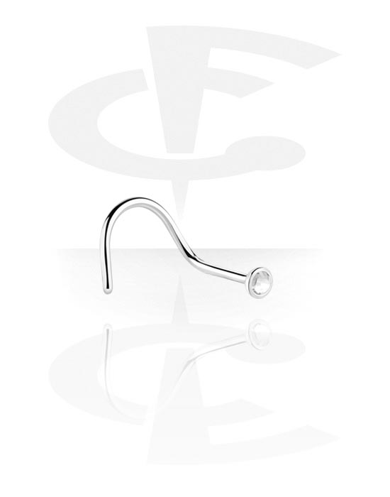Nosovky a kroužky do nosu, Zahnutá nosovka (chirurgická ocel, stříbrná, lesklý povrch) s krystalovým kamínkem, Chirurgická ocel 316L
