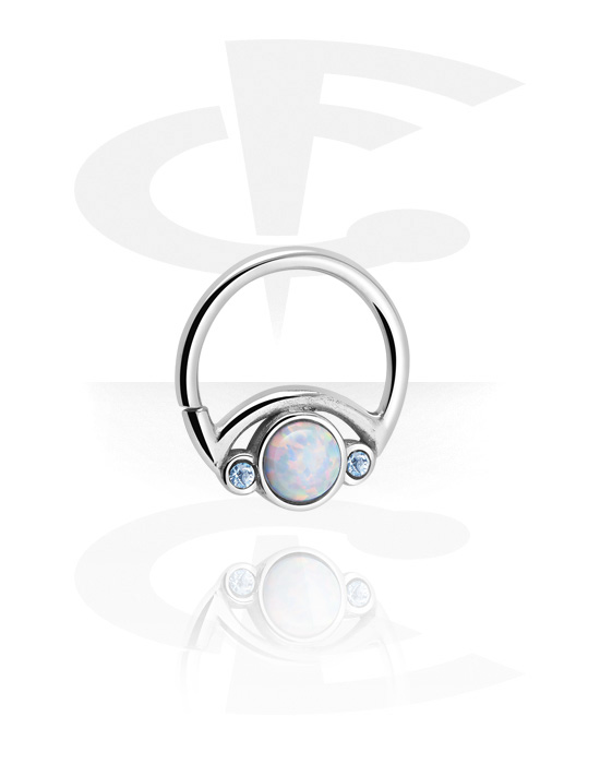 Piercing Rings, Continuous ring (surgical steel, silver, shiny finish) with synthetic opal and crystal stones, Surgical Steel 316L