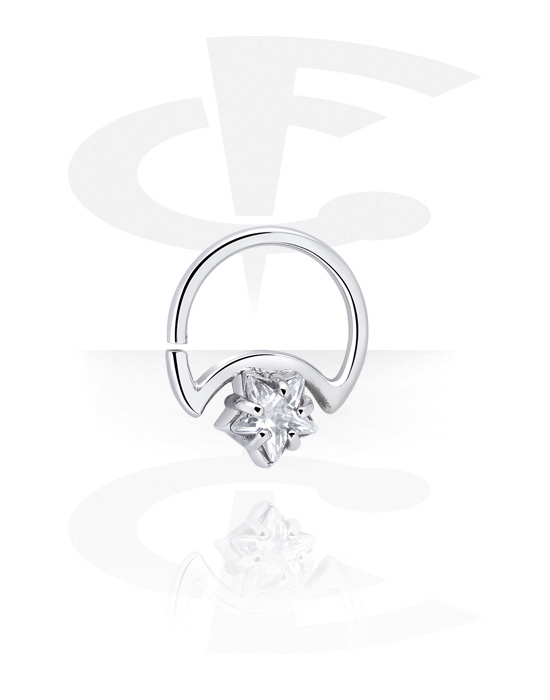 Piercingringar, Moon shaped continuous ring (surgical steel, silver, shiny finish) med stjärna och kristallstenar, Kirurgiskt stål 316L