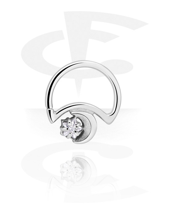 Anéis piercing, Continuous ring em forma de lua (aço cirúrgico, prata, acabamento brilhante) com design lua e pedra de cristal, Aço cirúrgico 316L