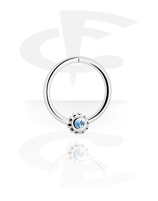 Piercing Rings, Continuous ring (surgical steel, silver, shiny finish) with flower design and crystal stone, Surgical Steel 316L