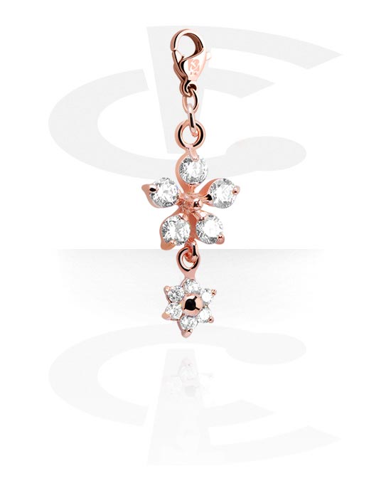 Porte-charms, Pendentif avec motif fleur et pierres en cristal, Acier chirurgical 316L ,  Plaqué or rose, Laiton plaqué